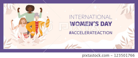 IWD 2025 An illustration of a diverse group of women with raised arms symbolizing equality, unity, and strength. Banner for International Women Day with hashtag Accelerate Action and a floral IWD 2025 An illustration of a diverse group of women with raised arms symbolizing equality, unity, and strength. Banner for International Women Day with hashtag Accelerate Action and a floral 123501766