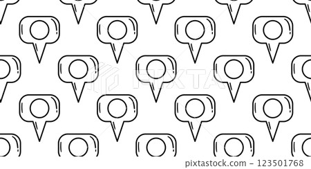 Seamless pattern of black outlined speech bubble location pins on white background. Hand-drawn doodle style. Communication and navigation concept for design and print Seamless pattern of black outlined speech bubble location pins on white background. Hand-drawn doodle style. Communication and navigation concept for design and print 123501768