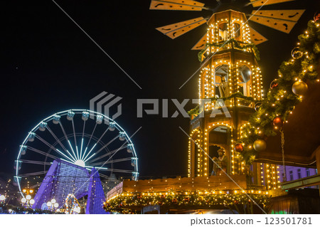Decorations and illumination on Christmas market 2025 in Poznan, Poland Decorations and illumination on Christmas market 2025 in Poznan, Poland 123501781