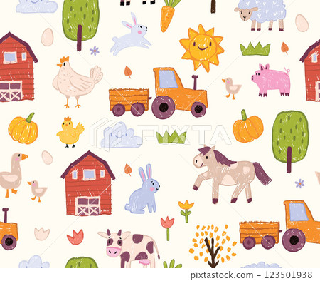 Kids farm seamless pattern, vector hand drawn color pencil animal wallpaper, village naive print.  123501938