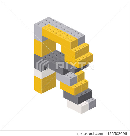 Letter R in isometric view assembled from plastic blocks. Vector 123502096