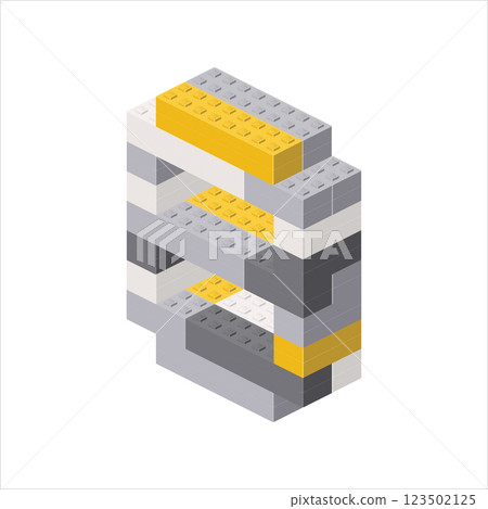 Number 8 in isometric view assembled from plastic blocks. Vector 123502125