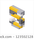 Number 5 in isometric view assembled from plastic blocks. Vector 123502128