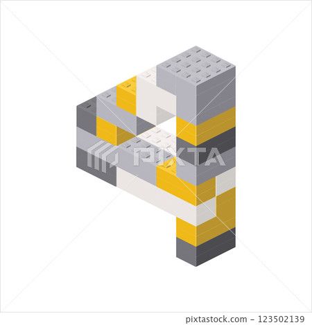 Number 4 in isometric view assembled from plastic blocks. Vector 123502139