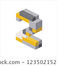 Number 2 in isometric view assembled from plastic blocks. Vector 123502152