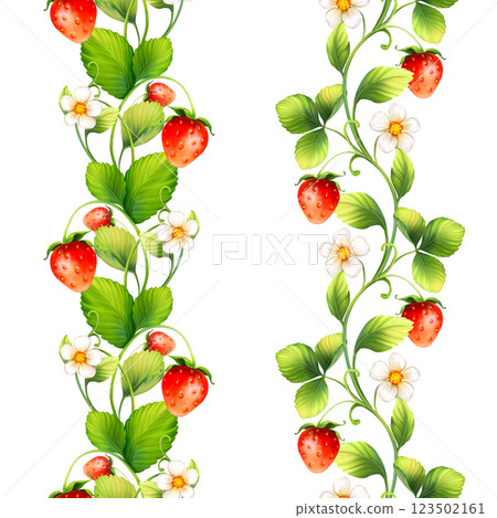 Strawberry with flowers, wild berries, leaves. Seamless decorative border on white background Strawberry with flowers, wild berries, leaves. Seamless decorative border on white background 123502161