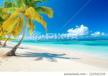 Palm trees on the caribbean tropical beach. Saona Island, Dominican Republic. Vacation travel background 123502245