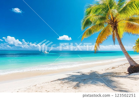 Palm trees on the caribbean tropical beach. Saona Island, Dominican Republic. Vacation travel background Palm trees on the caribbean tropical beach. Saona Island, Dominican Republic. Vacation travel background 123502251