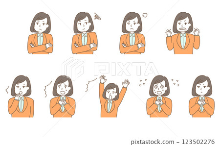 Illustration set of a young woman expressing surprise and negative emotions Illustration set of a young woman expressing surprise and negative emotions 123502276