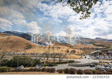 A sightseeing and recreational spot that shines with the spring scenery: Burning fields in Aso (Tawarayama) 123502410
