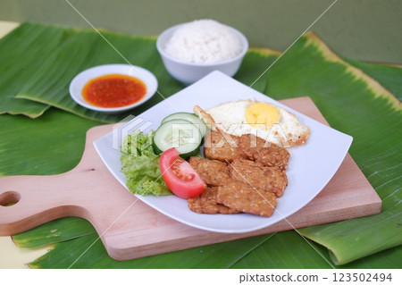 Fried tempeh cutlet with rice and fried egg on white plate Fried tempeh cutlet with rice and fried egg on white plate 123502494