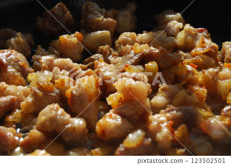 Appetizing fried meat. Meat fried in a pan with onions acquires a yellowish-golden color. 123502501
