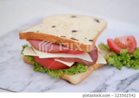 Sandwich with ham, cheese, tomato and lettuce background 123502542