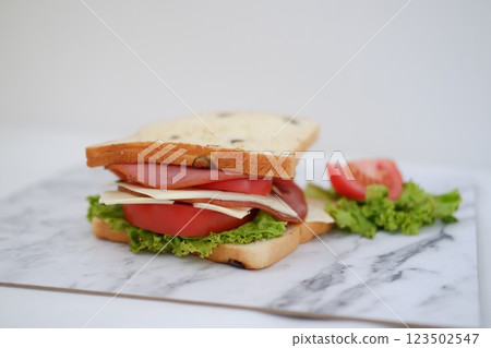 Sandwich with ham, cheese, tomato and lettuce background Sandwich with ham, cheese, tomato and lettuce background 123502547