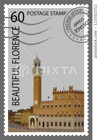 Postage stamp with medieval architecture of Italy. Vector. Postage stamp with medieval architecture of Italy. Vector. 123502552
