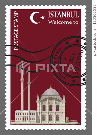 Postage stamp depicting a Turkish mosque, Istanbul. Vector. Postage stamp depicting a Turkish mosque, Istanbul. Vector. 123502553