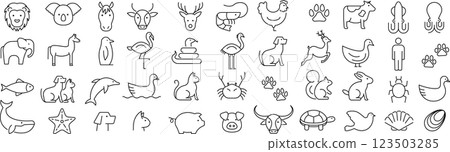 Vector monochrome line icon set about animals Vector monochrome line icon set about animals 123503285