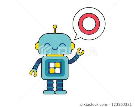 Cute robot character with circle in speech bubble Cute robot character with circle in speech bubble 123503381