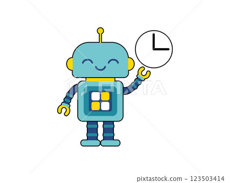 拿著時鐘的可愛機器人角色 拿著時鐘的可愛機器人角色 123503414
