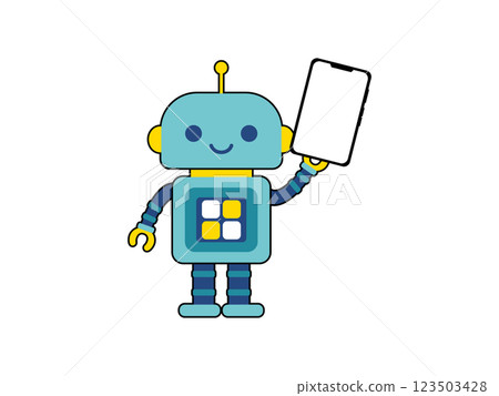 Cute robot character holding a smartphone Cute robot character holding a smartphone 123503428