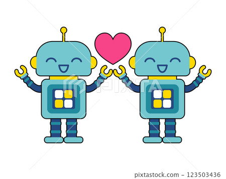 可愛的機器人角色:2 個帶心 可愛的機器人角色:2 個帶心 123503436