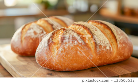 Freshly baked bread loaves cooling on a wooden board in a cozy kitchen 123503532