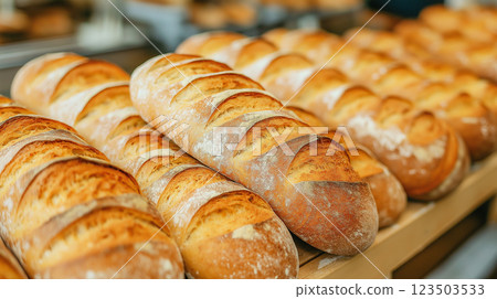 Freshly baked artisan bread loaves resting on a wooden cutting board 123503533