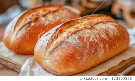 Freshly baked artisan bread cooling on a wooden board in a cozy kitchen 123503538