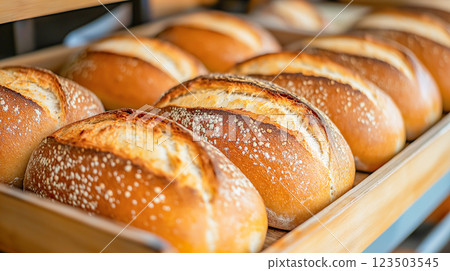 Freshly baked artisan loaves arranged neatly on a wooden tray in a cozy bakery 123503545