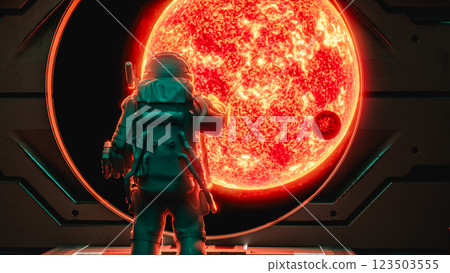 Astronaut observing burning red giant star from spaceship window. 3d render 123503555
