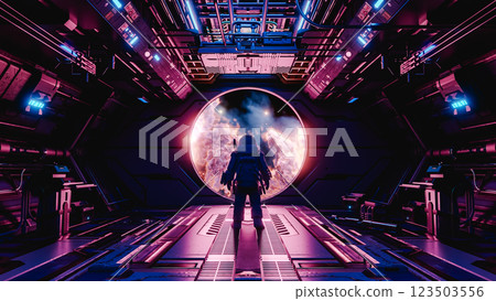 Astronaut observing nebula from spaceship window: futuristic space exploration. 3d render 123503556