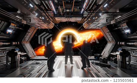 Astronauts observing black hole from spaceship bay window. 3d render 123503561