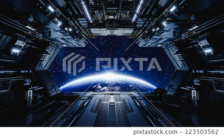 Spaceship flying over earth with open bay doors revealing sunrise. 3d render Spaceship flying over earth with open bay doors revealing sunrise. 3d render 123503562
