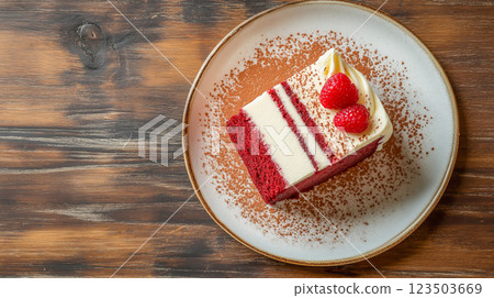 Delicious red velvet cake served on a rustic wooden table with fresh raspberries and cocoa powder 123503669