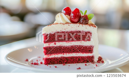 Red velvet cake slice with cream frosting and cherries served on a white plate 123503674