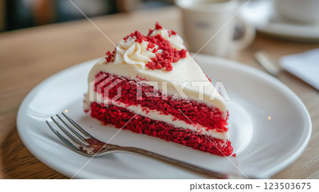 Delicious slice of red velvet cake served on a white plate in a cozy cafe 123503675