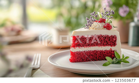 Delightful red velvet cake slice with fresh flowers displayed on a cozy table 123503677
