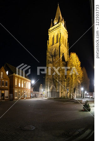Church of Ascheberg illuminated at night in Germany with historic charm 123503733
