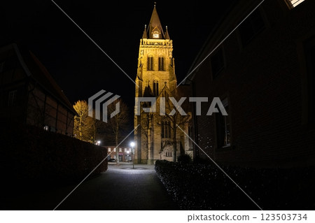 Church of Ascheberg illuminated at night in Germany with historic charm 123503734