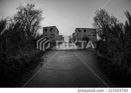 Ghost town Wollseifen in black and white with abandoned buildings Ghost town Wollseifen in black and white with abandoned buildings 123503740