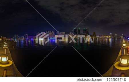 Dubai Creek at night with a stunning skyline, illuminated buildings, and shimmering reflections Dubai Creek at night with a stunning skyline, illuminated buildings, and shimmering reflections 123503748