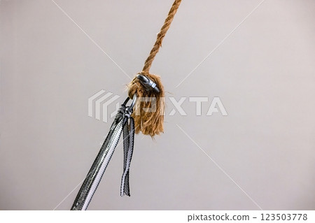 Strong rope knot connection with metal clip in detailed close up with white background 123503778