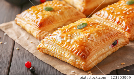 Delicious golden pastries with sesame on a wooden table in a cozy bakery 123503909