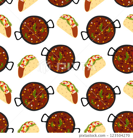 Chili con carne cast iron skillet and meat and vegetable fill Taco Traditional Mexican food Seamless Pattern Chili con carne cast iron skillet and meat and vegetable fill Taco Traditional Mexican food Seamless Pattern 123504270