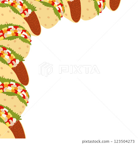 Mexican food Tacos meat and vegetables stuffed Left hand Corner Frame border Copyspace Template idea 123504273