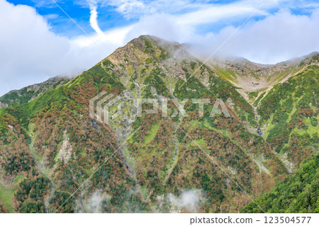 Akaishidake in the morning mist seen from the observation deck at Akaishigoya Mountain hut. Climbing Akaishidake in the Southern Alps 123504577