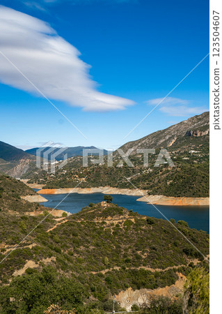 Scenic mountain lake landscape with clear blue sky and vibrant greenery, La Concepcion reservoir in 123504607