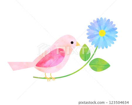 Watercolor style blue flowers and pink bird 123504634