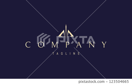 Vector golden logo with an abstract image of a bow and arrow in the form of the letter M. Vector golden logo with an abstract image of a bow and arrow in the form of the letter M. 123504665