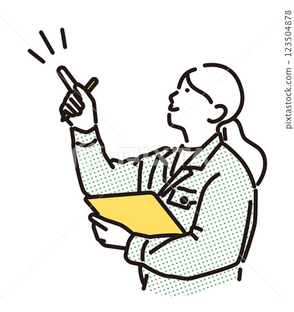 簡單的例子:一個穿著工作服的女人指著並檢查 簡單的例子:一個穿著工作服的女人指著並檢查 123504878